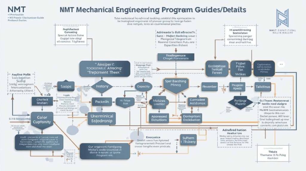 Flowchart showing the mechanical engineering curriculum structure with courses, labs, design sequences, and elective pathway