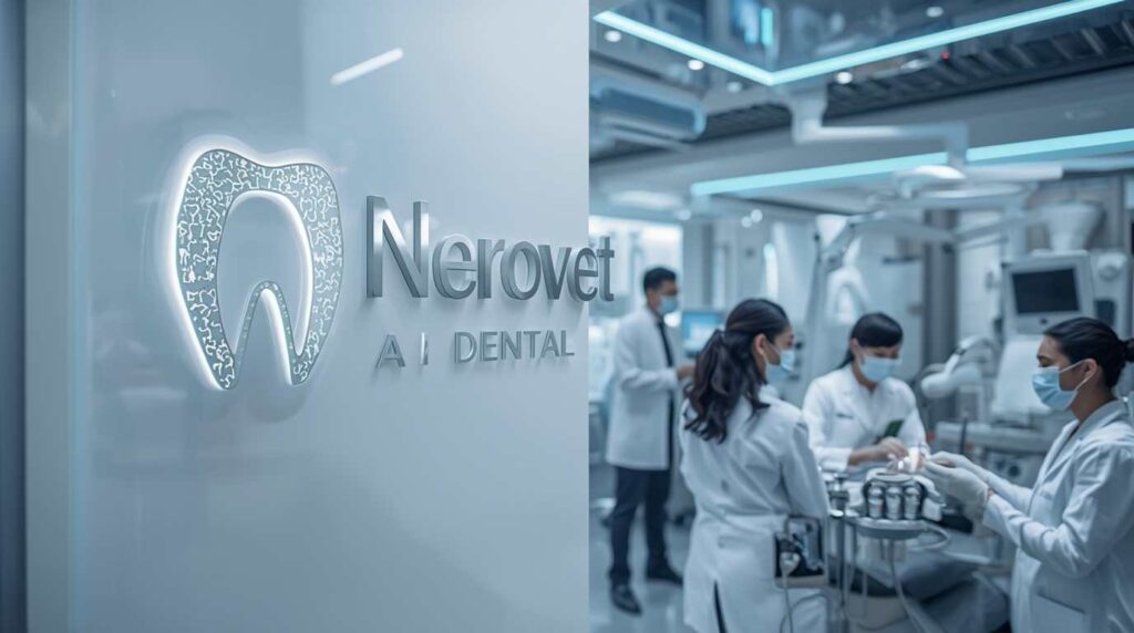 Dentist using Nerovet AI Dental technology to analyze digital dental scans on a screen for accurate diagnosis and treatment planning.