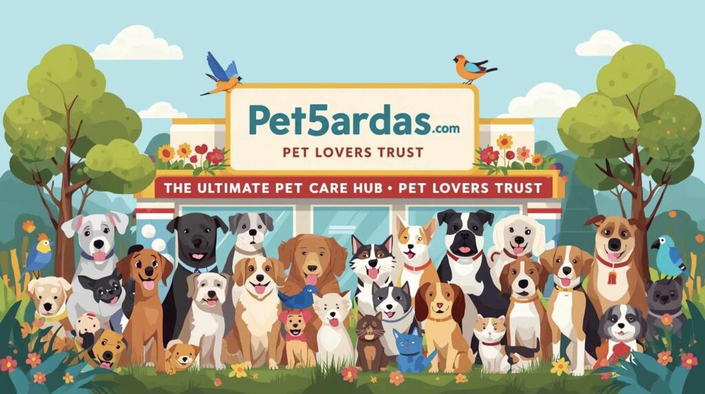 Happy pet owner using Pet5ardas com on a laptop while sitting with a healthy dog in a calm home environment